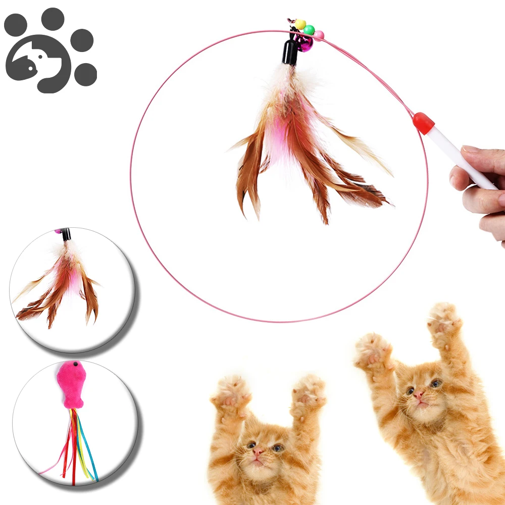 Игрушка для питомца кота тизер многоцветная птица перо с колокольчиком