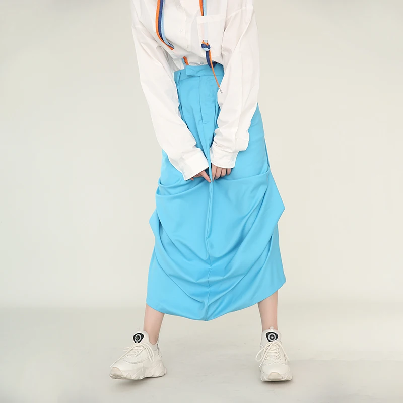 

[EAM] High Elastic Waist Blue Irregular Two Ways Wear Long Half-body Skirt Women Fashion Tide New Spring Autumn 2021 1Y72105