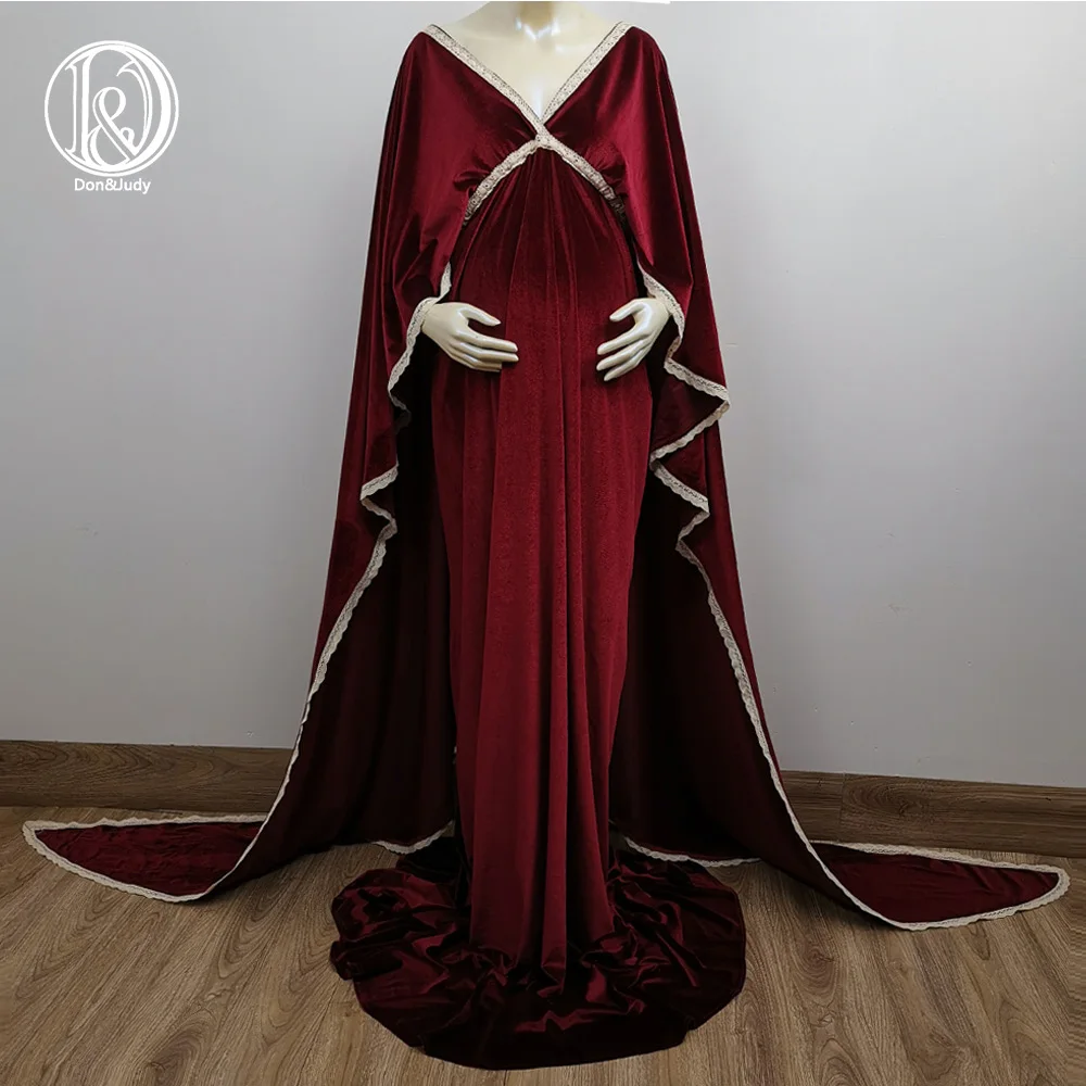 Don&Judy Velvet Maxi Gown Dress with Cape Pregnancy Dress for Photo Shoot Bohemia Long Train Pregnant Women Party Gowns Clothes