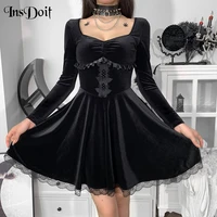 insdoit gothic lolita black dark green corset dress women grunge clothes vintage lace a line dress aesthetic harajuku partywear