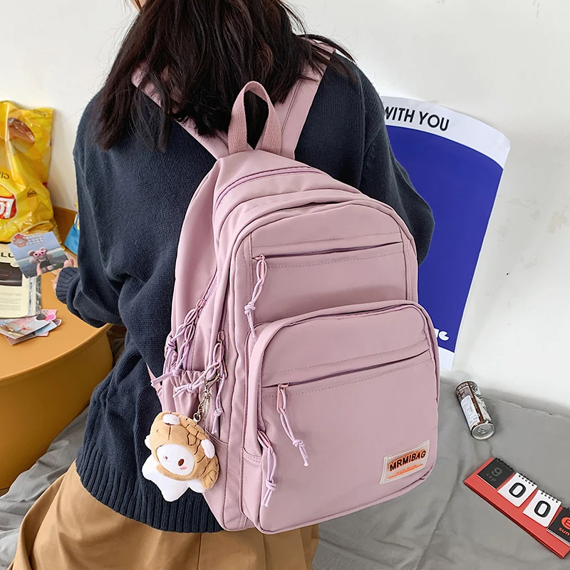 

Cute Women Backpack For Teenage Girl Student School Bag Solid Color Multiple Pockets Female Backpack Nylon Travel Backbag