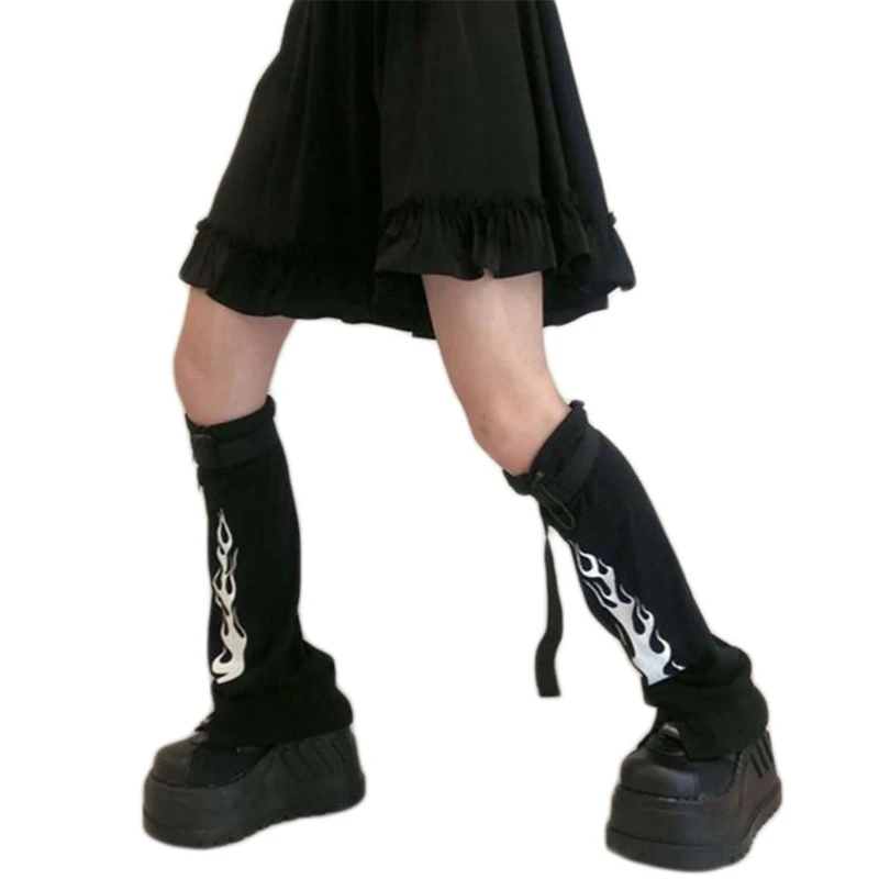 

066C Women Goth Punk Black Leg Warmer Socks Harajuku Hip Hop Flame Print Lolita Cosplay Foot Covers Sleeves with Buckle Belt