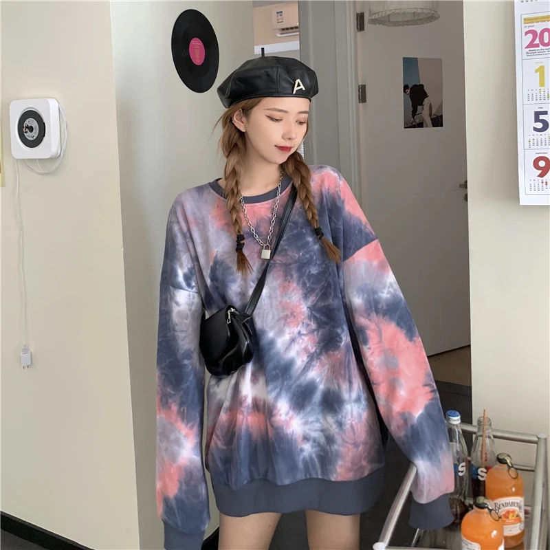 

Women Sweatshirt Pullover Autumn Korean 2020 Short Tie-Dye Fashion Couple Clothes Long-Sleeved Tops Fall 2020 Women Clothing