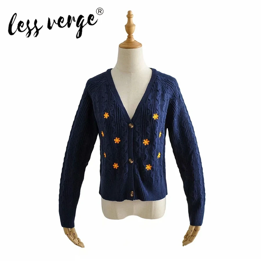 

Lessverge Women Top Sweater Cardigan Floral Embroidery Thick Single Breasted Oversize Long Sleeve All Match Street Style Sweater