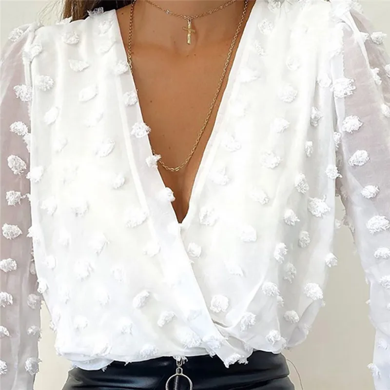 

Women Elegant Fashion Summer Top Casual Swiss Dot Plunge Sheer Mesh Blouse Long Sleeve Blouse V-Neck Casual Blouse crop chiffon