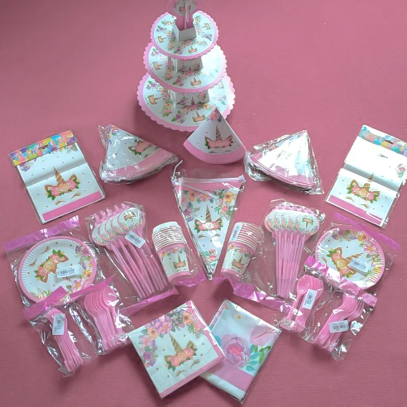 Набор посуды для девочек на день рождения одноразовые тарелки с единорогом