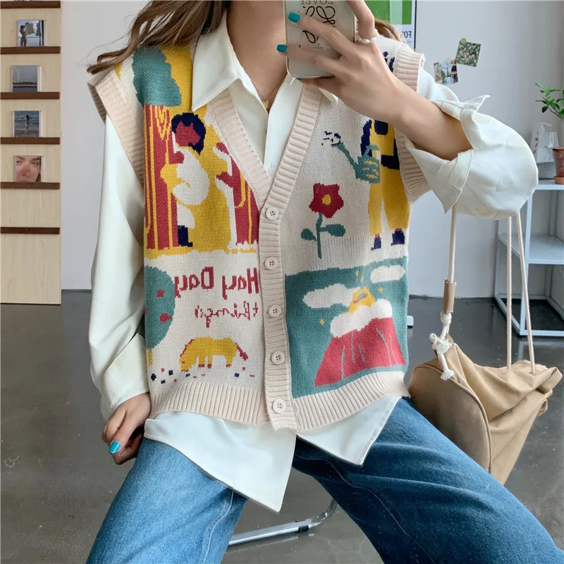 

Japan Harajuku Preppy Style Women Knitted Vest Single-breasted Sleeveless Sweater Coat V-neck Ladies Loose Soft Tops Spring New