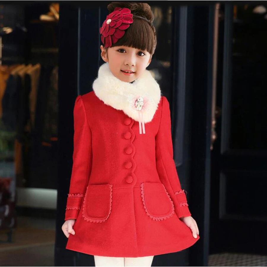 2022 Kids Children Girls Woolen Jacket Pink Thick Big Fur Collar Woolen Coat Princesses Kids Autumn Winter Wedding Party Clothes