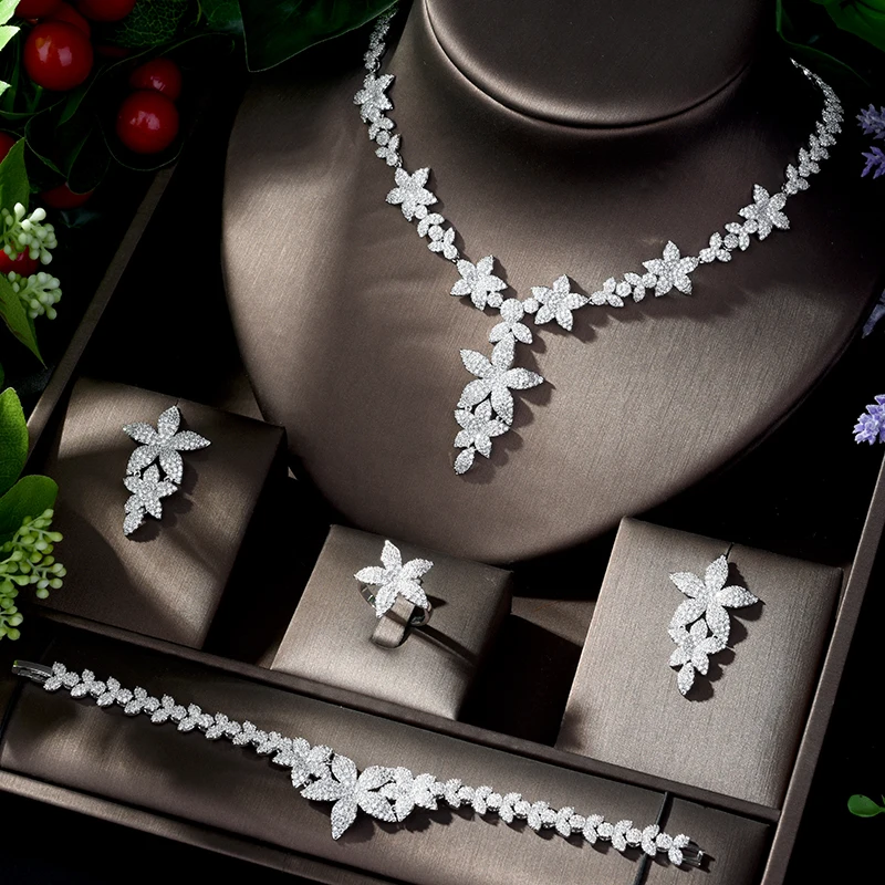 

HIBRIDE Tiny CZ Micro Paved Leaf Shape Statement Necklace Bridal Luxury White Color Wedding Jewelry Set For Women Bijoux N-1212