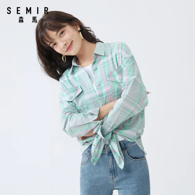 

Блузка SEMIR Женская в клетку, свободная дизайнерская рубашка с солнцезащитным принтом, с длинным рукавом, лето 2021