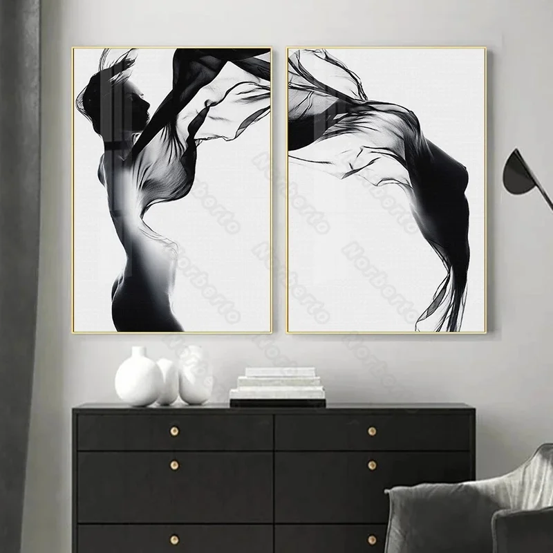 

European Style Canvas Painting Poster and Print Black and White Abstract Art Nude Woman Made In Black Yarn for Home Rooms Decora