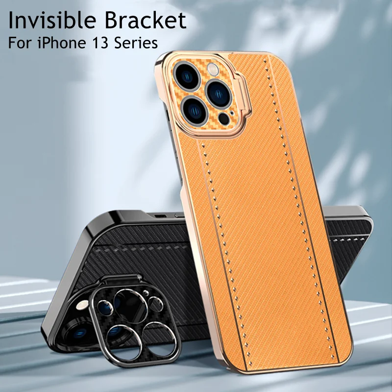

Metal Camera Kickstand Case For iPhone 13 Pro Max 13 Mini Cover Plating Frame Leather Texture Hard Invisible Bracket Cover
