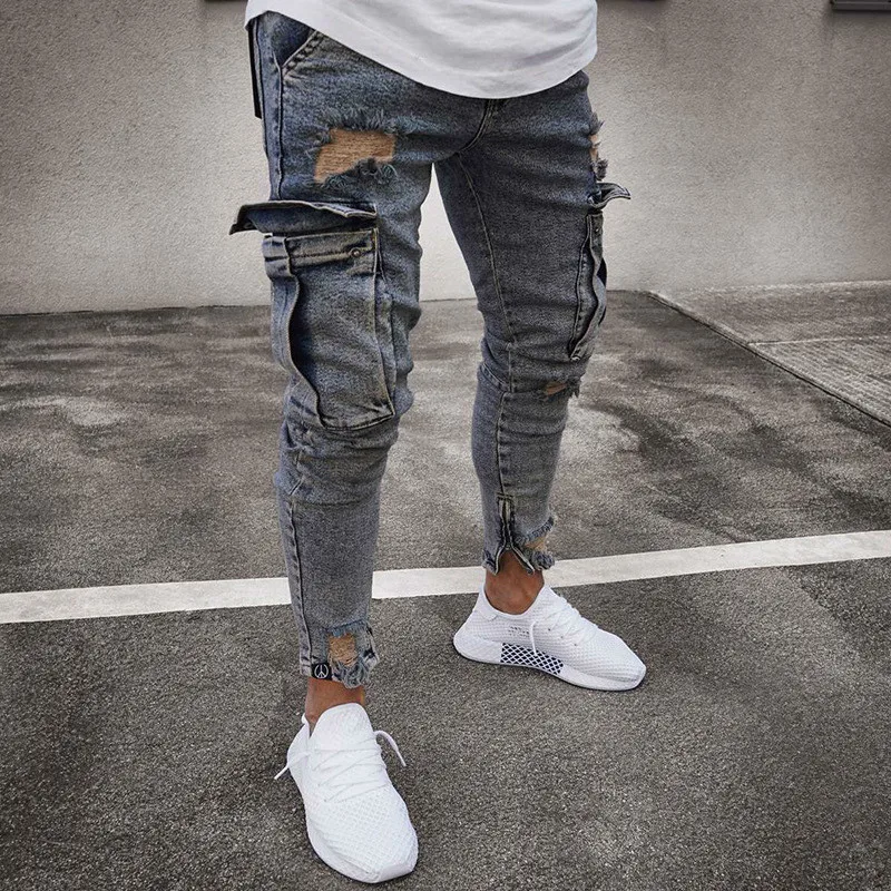

Men Denim Pants Ripped Hole Jeans Fashion Hip Hop Skinny Pencil Jeans for Men Stretch Patchwork Pocket Cargo Pants Jeans Men