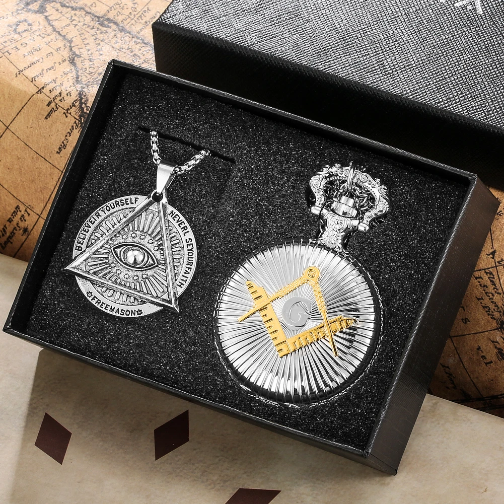 Masonic Pocket Watch Gift Set Man's Quartz Pendant Pocket Clock Fashion Necklace Exquisite Gifts with Box for Husband Father
