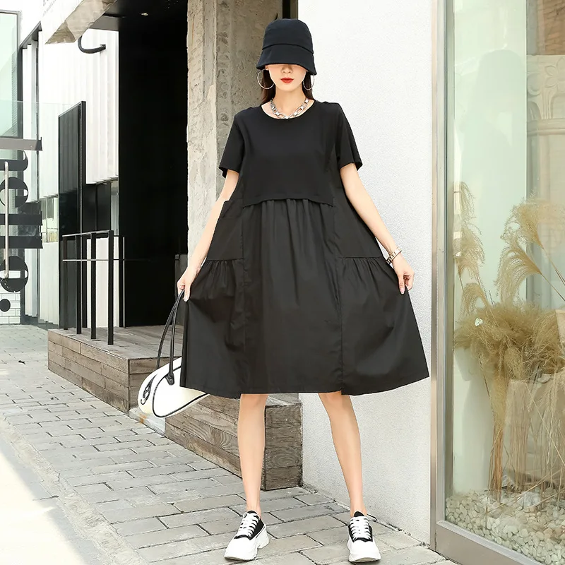 

SuperAen New Summer Loose Patchwork Fashion Solid Big Pocket O Neck Slim A-LINE Casual Dress for Women