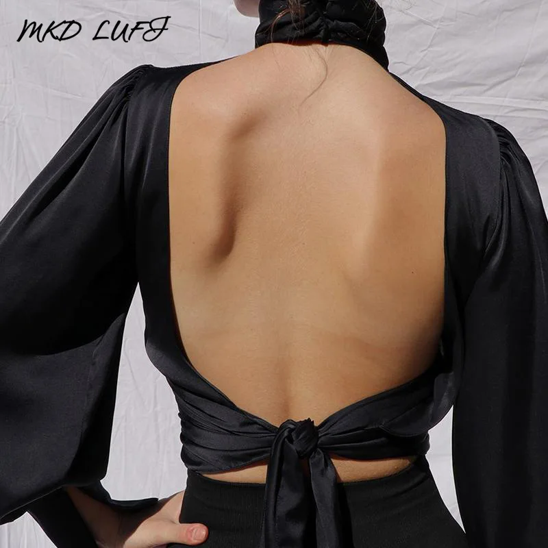 Сексуальный вырез капля открытая спина с длинным рукавом Женская блузка Топы