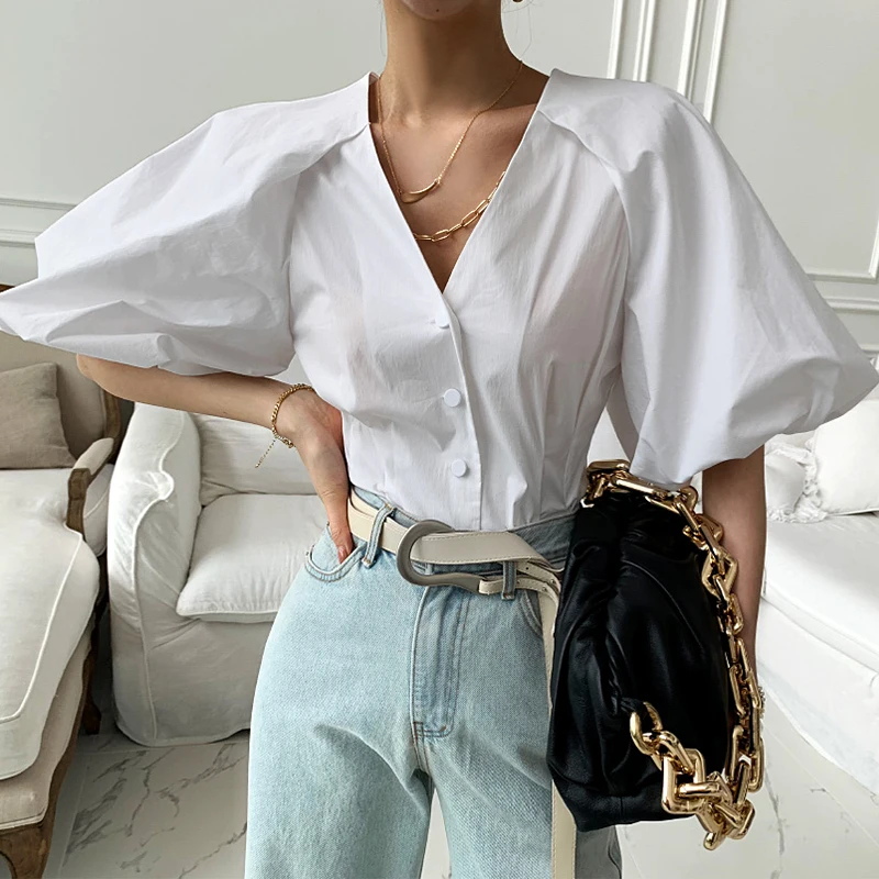 

Summer Fashion Elegant Solid Single Breasted Vintage Lantern Sleeve Korean Blouses Sexy Deep V-neck Women Chic Top Shirts