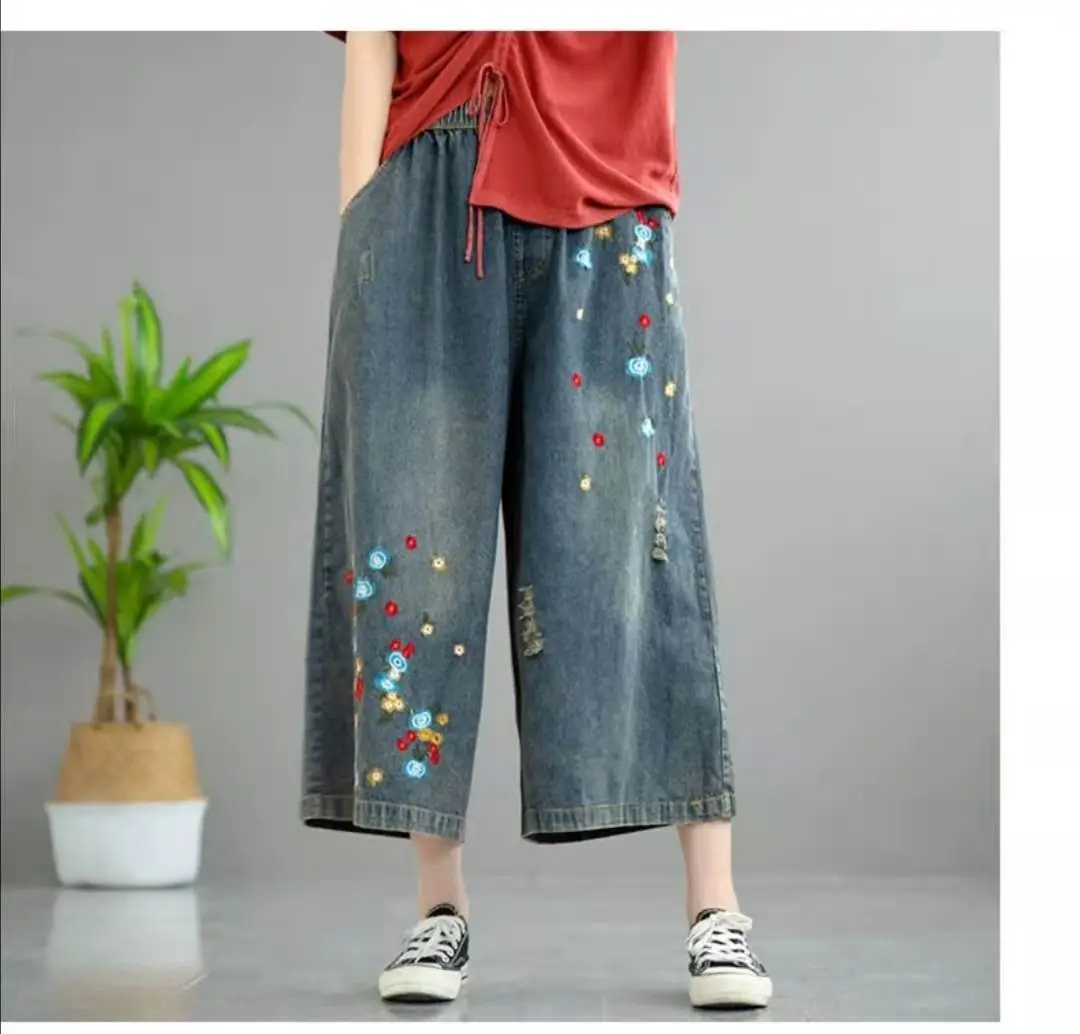 

Summer new art embroidered jeans women loose show thin wash embroidered nine minutes wide leg pants