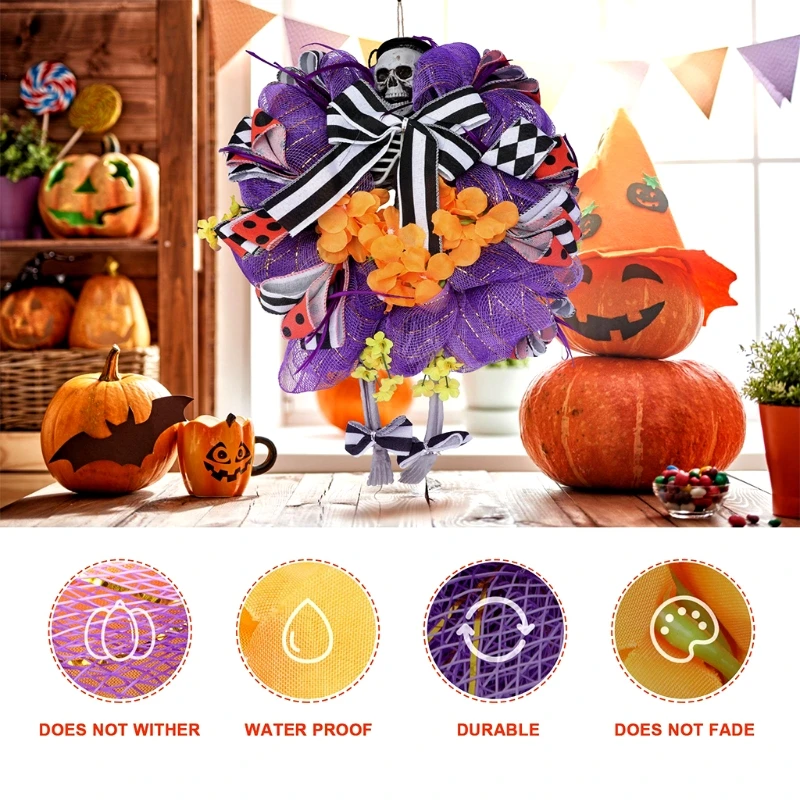 Хэллоуин ужас череп скелет входная дверь венок с полосатым бантом искусственный