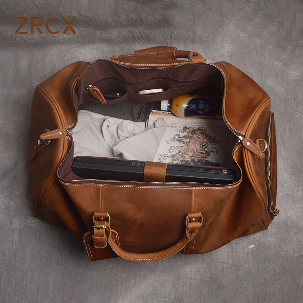 

ZRCX Vintage Men's Travel Bag Geunine Leather Large Capacity Single Shoulder Messenger For 15 Inch Laptop With Shoe Bag