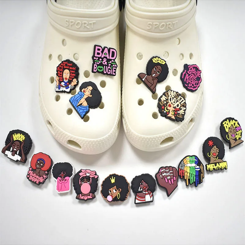 

Hot 1pcs Black Girl Magic Queen Shoe Charms Shoes Accessories Decoration For Clogs Sandals Garden Shoes Croc Jibz Kids Gifts