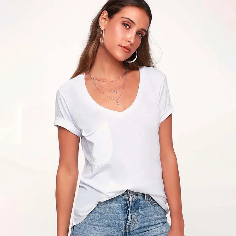 

Solid Color V Neck Pocket Short Sleeve T Shirt Women Summer Simplicity Tops Casual Loose Streetwear Home Wear Tee Shirts Femme