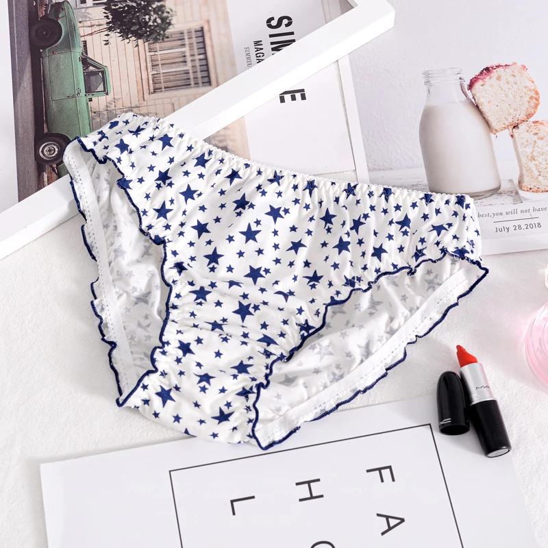 Blue Сладкий Лолита Kawaii Сексуальная атласная Женская пижама с кружевом трусики японский дышащий рюшами хлопок удобные звезды печати нижнее белье трусы - Цвет: Blue