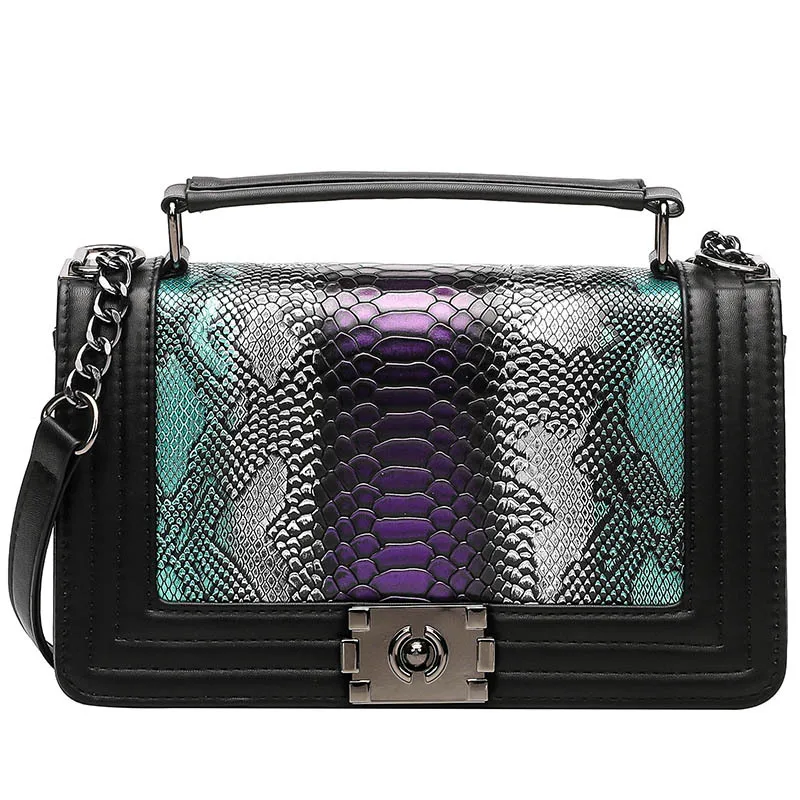 

2021 Rainbow Snakeskin Chain Square Sling Bag Vintage Lock Buckle Messenger Bag with Handle Handbags Tote Bags for Women