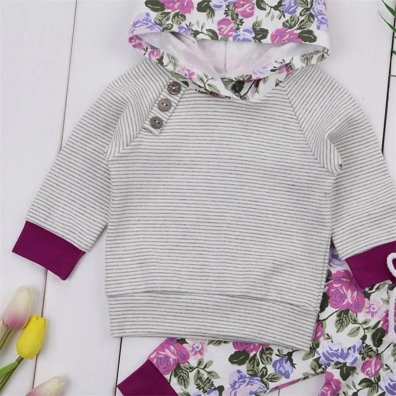 Emmababy Newborn Baby Girl Outfits Striped  Hoodie Tops+Floral Pants Girl Clothes Set