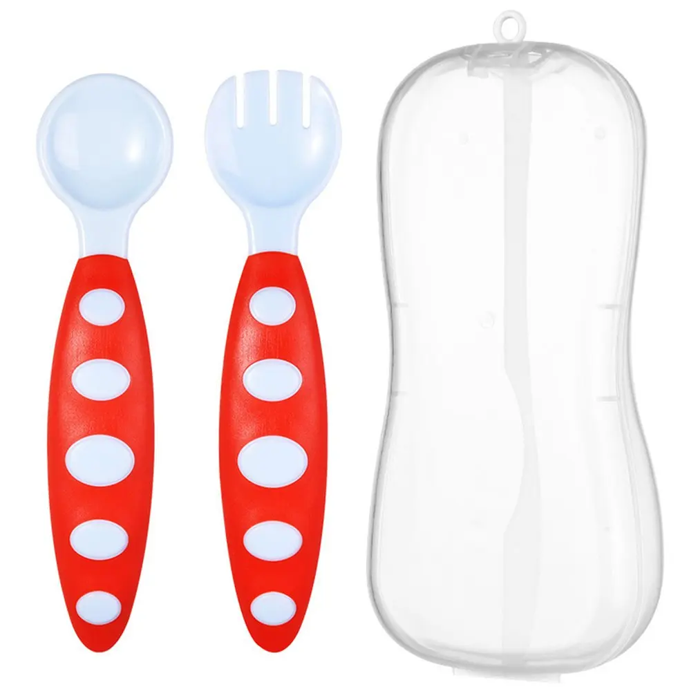 

Infant Two Color Spoon Fork Combination Suit Smooth Spoon Head Bent And Passivated Fork Tip Portable Spoon Fork