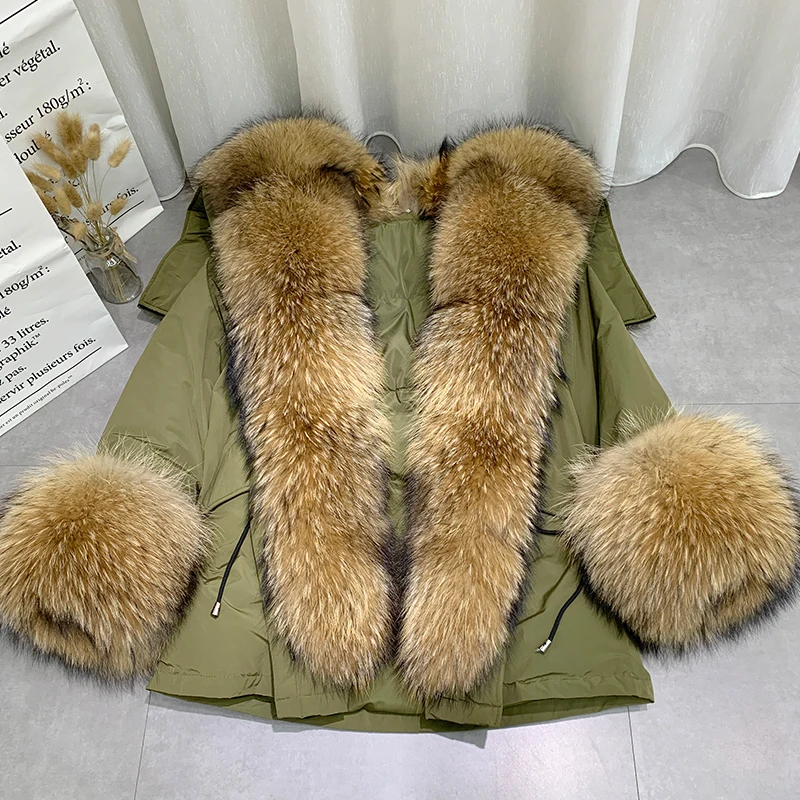 Корейская уличная одежда, Женская длинная парка с большим воротником из натурального меха, пальто с натуральным мехом, куртка на белом утином пуху, модная новая зимняя куртка