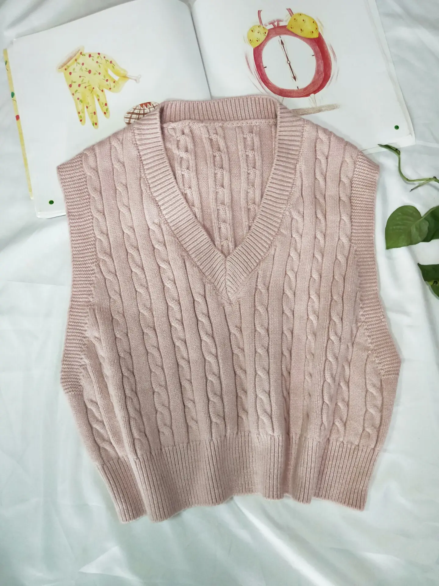 Pink Vest Сделанный из пряжи Для женщин пуловер без рукавов, Осень-зима, корейский стиль Винтаж v-образный вырез короткий вязаный шерстяной свитер, жилет зеленого T380 - Цвет: Pink Vest
