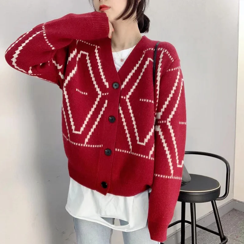 

Women 2022 Fashion Loose Diamond Lattice Jacquard Knitted Cardigan Sweater Vintage Long Sleeve Female Outerwear Chic Tops Y763