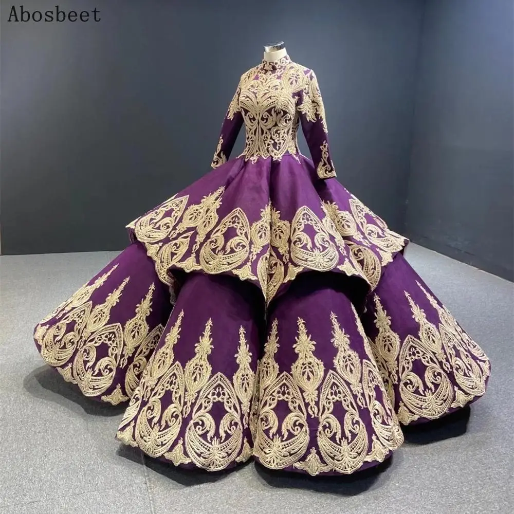 DD JYOY Muslim Long Sleeve Evening Party Dress Ball Gown Gold Lace High Neck Prom Women Wear Lace Up Back Purple Evening Gown