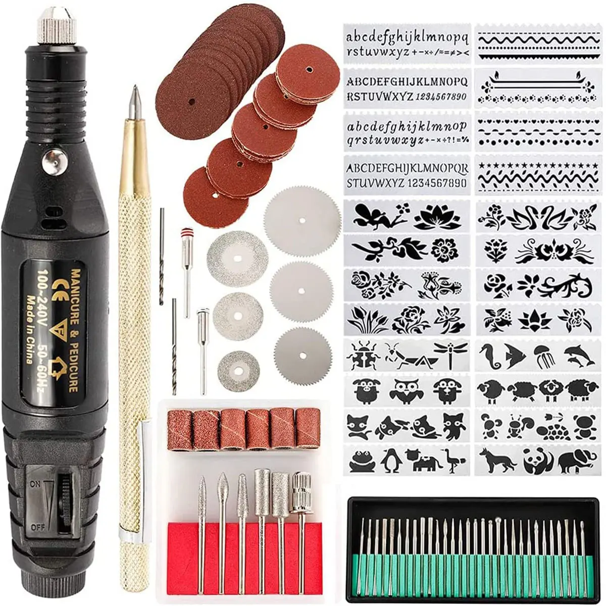 

108Pcs Engraving Tool Kit Electric Micro Engraver Etching Pen DIY Power Tool Combination W/ Scriber Pen Stencils Grinding Needle
