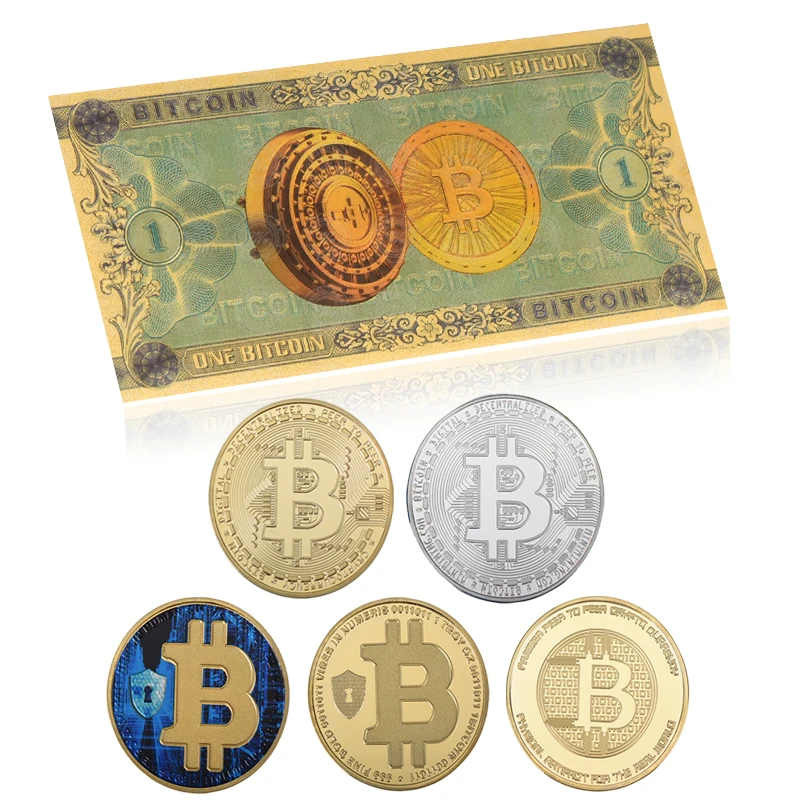 with 5pcs bit coins Один Биткоин золотые банкноты с битной монетой поддельные бумажные деньги BTC Подарочный товар для коллекционера банкнот дропшиппинг - Цвет: with 5pcs bit coins