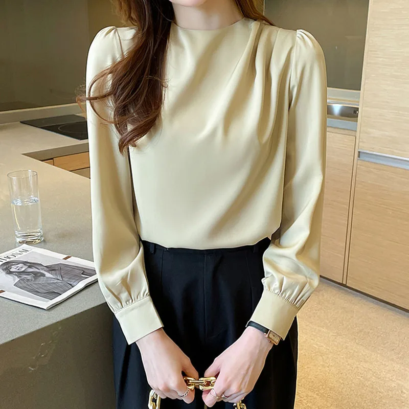 

Женская атласная блузка с пышными рукавами, элегантная белая плиссированная блузка с воротником-стойкой в Корейском стиле, весна-лето 2022