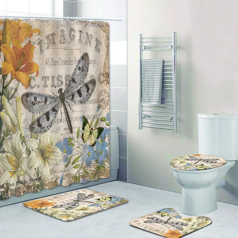 Занавеска для душа водостойкая в ретро-стиле с цветами лаванды бабочками птицами