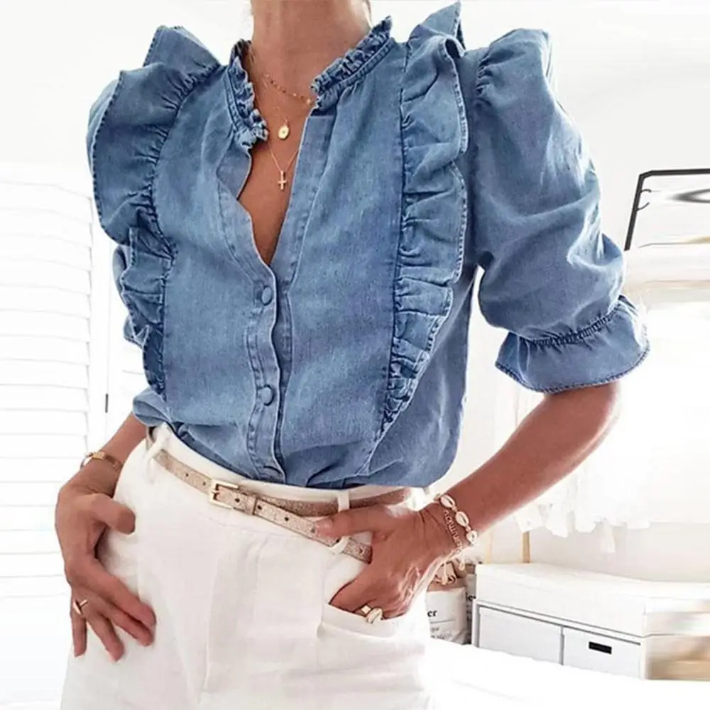 Осенне зимняя женская джинсовая рубашка свободная повседневная однотонная