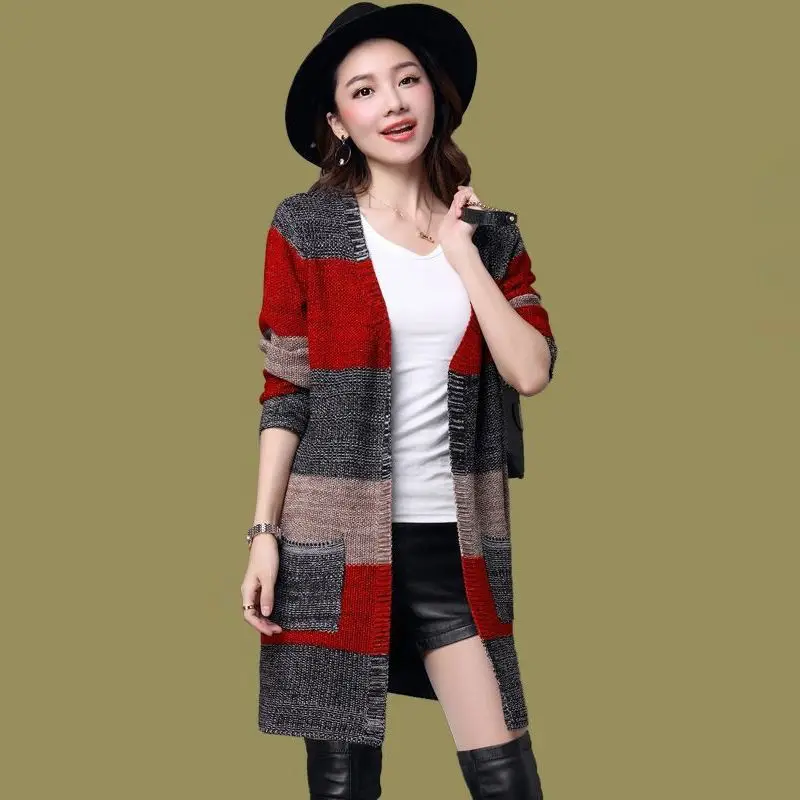 

Sweaters Women's Plus Size Knit Coats Jackets 2021 Autumn Knitted Color Splicing V-Neck Cardigan Jumper Jerseys Sweater Woman
