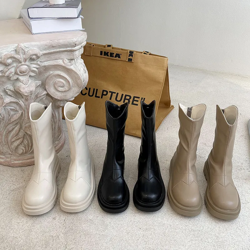 

Женские ботинки челси, белые ботинки до середины икры, с круглым носком, на низком каблуке из флока, до середины икры, осень 2021