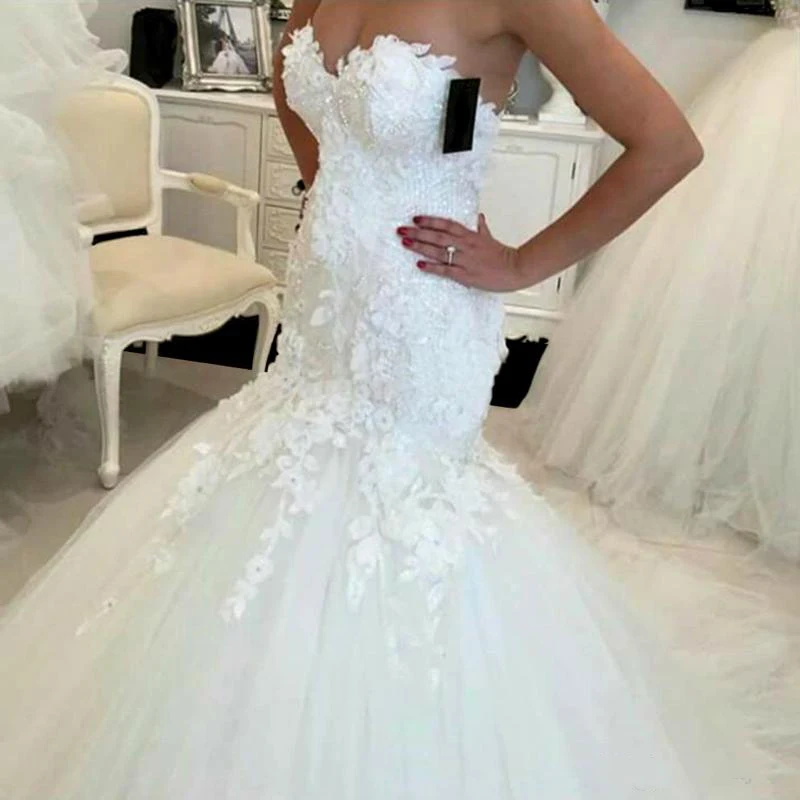 

Romantic Lace Mermaid Wedding Dresses Appliques Sweetheart Tulle Bride Dresses Back Button Long Wedding Gowns Custom Made