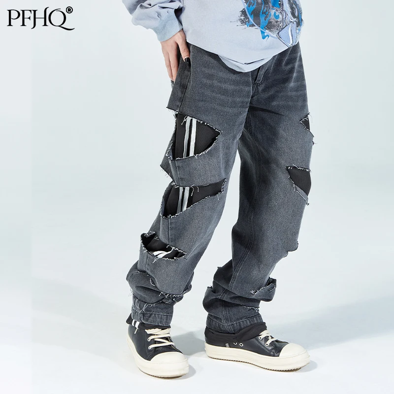 

PFHQ 2021 New Men's Fashion Loose Solid Color National Tide street Side Hole Straight Casual Jeans Autumn Winter 21E1153