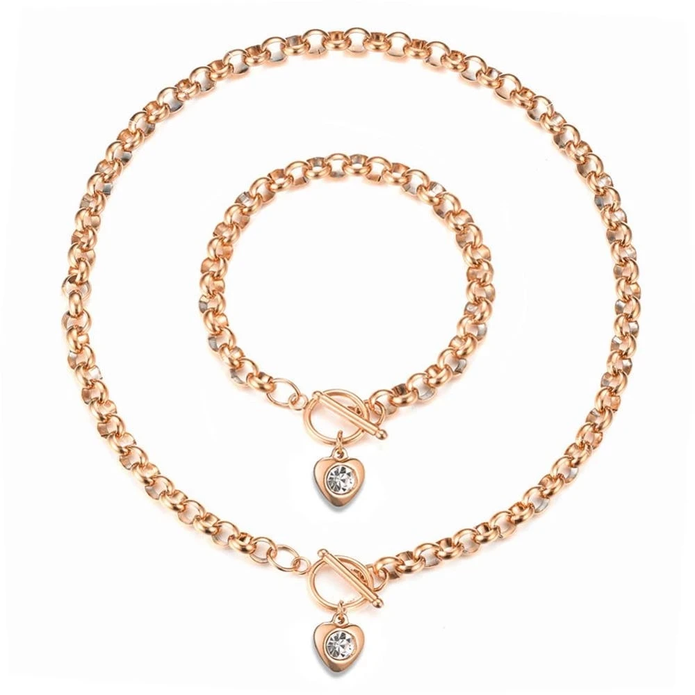 

Luxury Heart Shape Stainless Steel Jewelry Sets OT Buckle Crystal Heart Pendant Necklace Bracelets sets For Women Jewelry