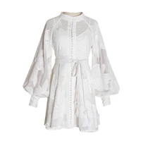 white mini dress for women stand collar long sleeve high waist elegant spring dresses female fashion new clothing