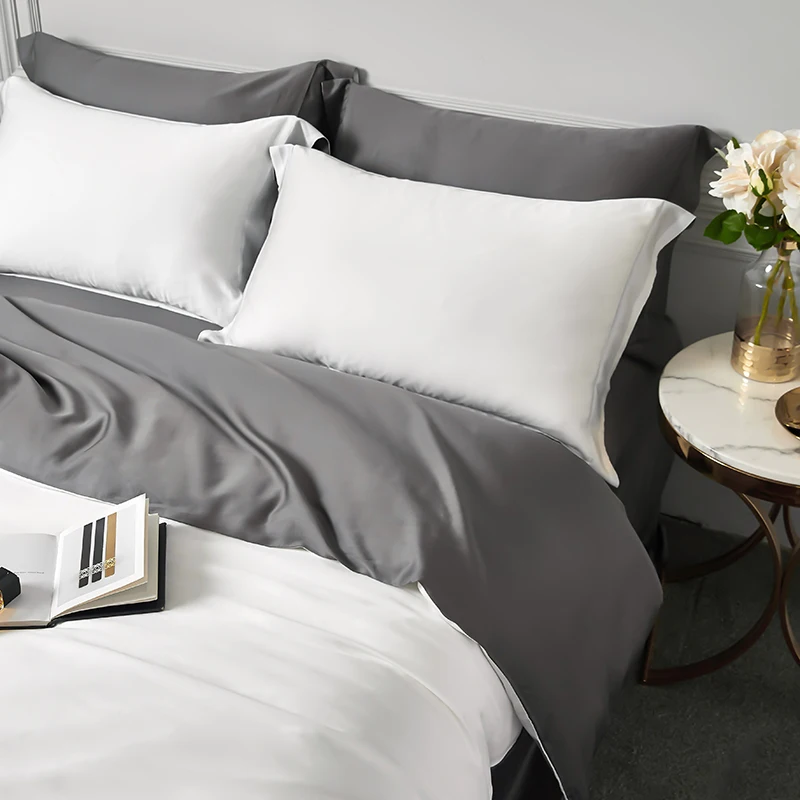 

Luxury Bedding Set 100% Silk White GrayTop Grade Silk Duvet Cover Flat Sheet Pillowcase Double Queen King Quilt Cover