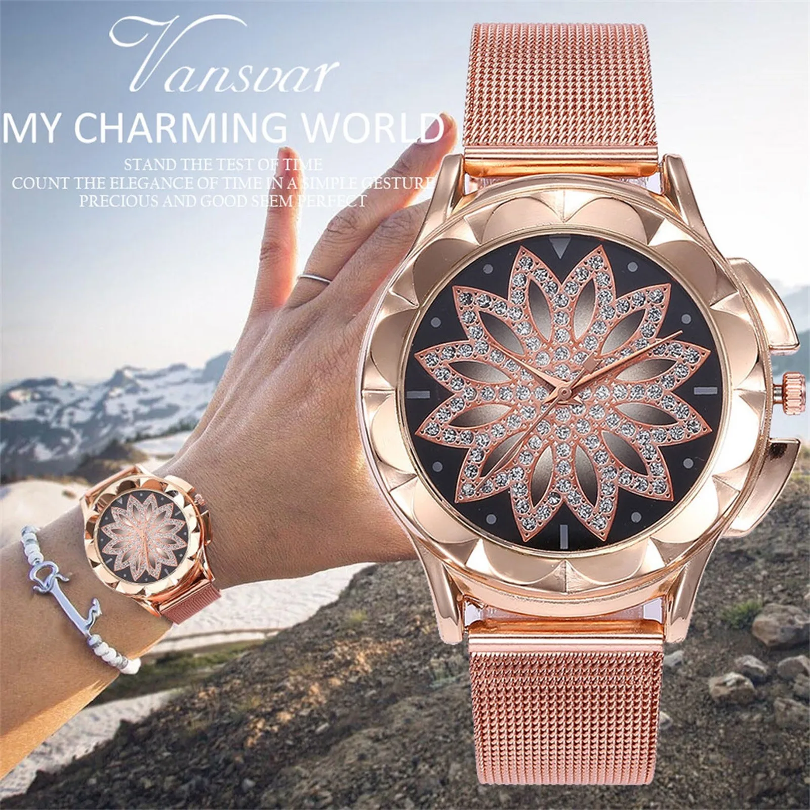 

Top Luxury High-Quality Ladies Watch Vansvar Casual Quartz Stainless Steel Band Women Flower Rhinestone Watch 2021 montre femme