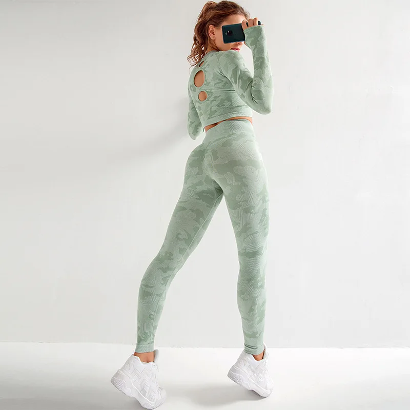 

Camouflage Yoga Sets Women Long Sleeve Short Tops Hight Waist Push Up Tigh Pants Gym Fitness Sportswear