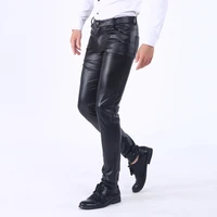 spring and autumn korean slim leather pants mens foot pants skinny stretch trend motorcycle leather pants mens fleece pants