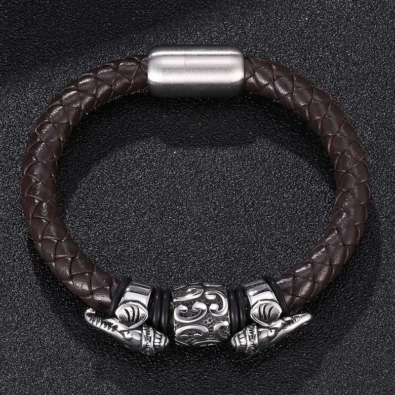Модный мужской браслет коричневая цепочка из натуральной кожи со слоном